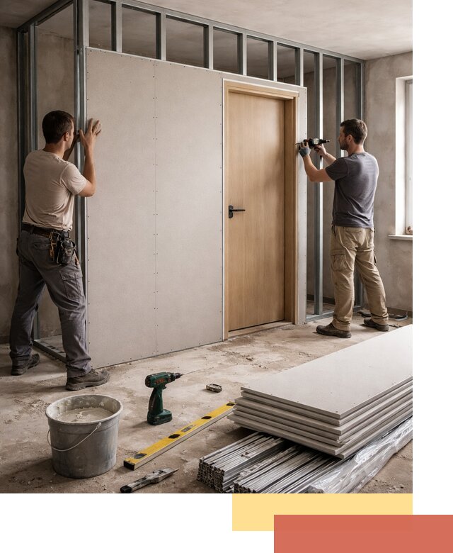 Перегородка из гипсокартона с дверью под ключ в Краснодаре