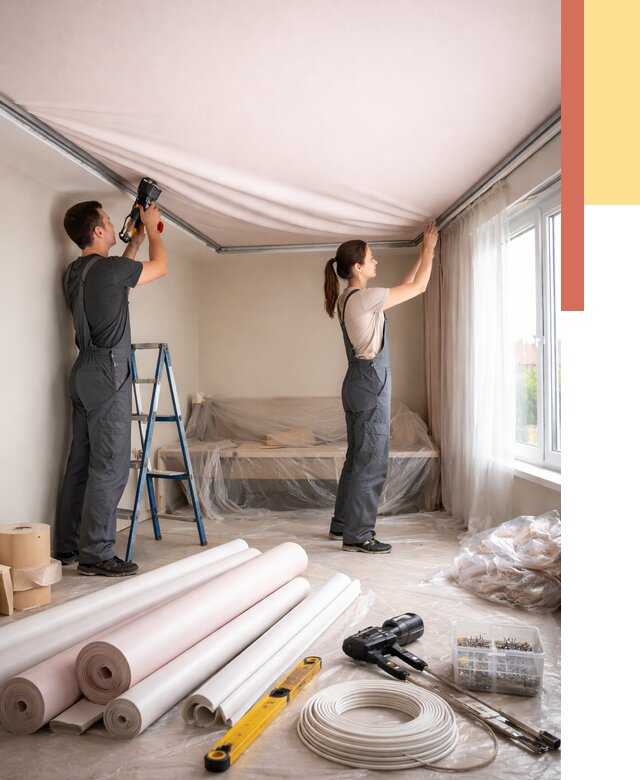 Монтаж цветного натяжного потолка в Краснодаре от 4334 руб/м² — быстро и недорого | ОТДЕЛОЧНИК-Ксд