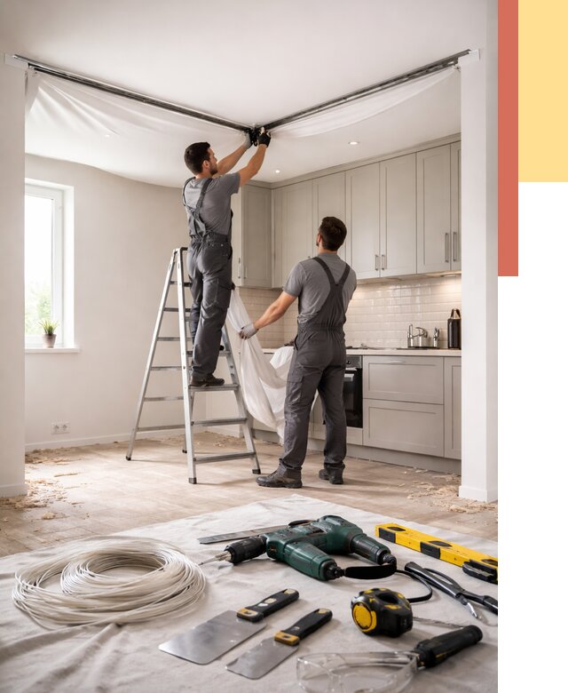 Установка натяжного потолка на кухне в Краснодаре от 2477 руб. | ОТДЕЛОЧНИК-Ксд