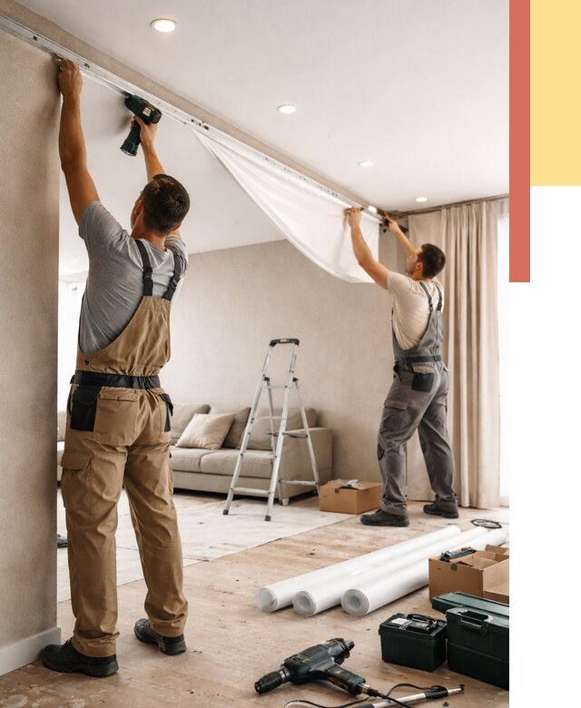 Монтаж натяжного потолка в гостиной в Краснодаре от 568 руб. | ОТДЕЛОЧНИК-Ксд