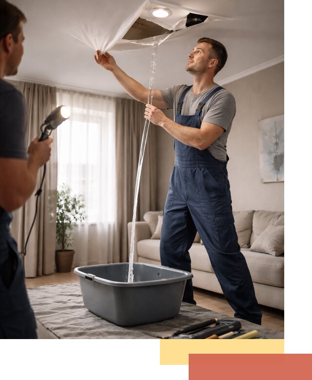 Слив воды с натяжного потолка в Краснодаре быстро и аккуратно