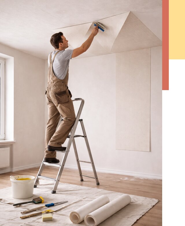 Поклейка обоев на потолок в Краснодаре от 4644 руб. быстро и недорого | ОТДЕЛОЧНИК-Ксд